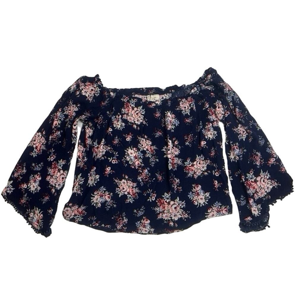Cottage Core Top Asymmetric Bell Sleeve Coquette Fairy Sz‎ L Dark Floral Flowy